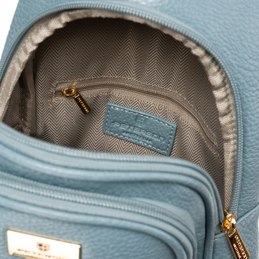 Blau stylische Damen Gürteltasche klein aus Öko-Leder mit goldfarbenen Beschlägen, Crossbody – Peterson – Bild 6