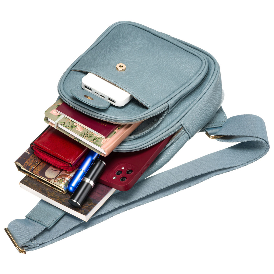 Blau stylische Damen Gürteltasche klein aus Öko-Leder mit goldfarbenen Beschlägen, Crossbody – Peterson – Bild 9
