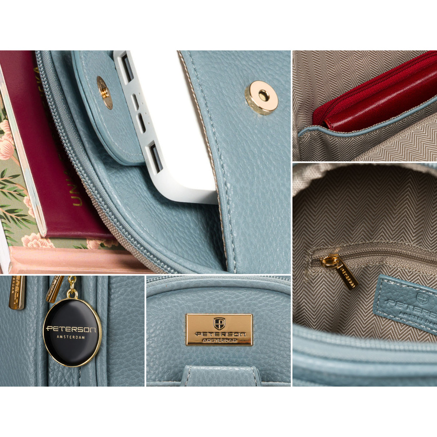 Blau stylische Damen Gürteltasche klein aus Öko-Leder mit goldfarbenen Beschlägen, Crossbody – Peterson – Bild 8
