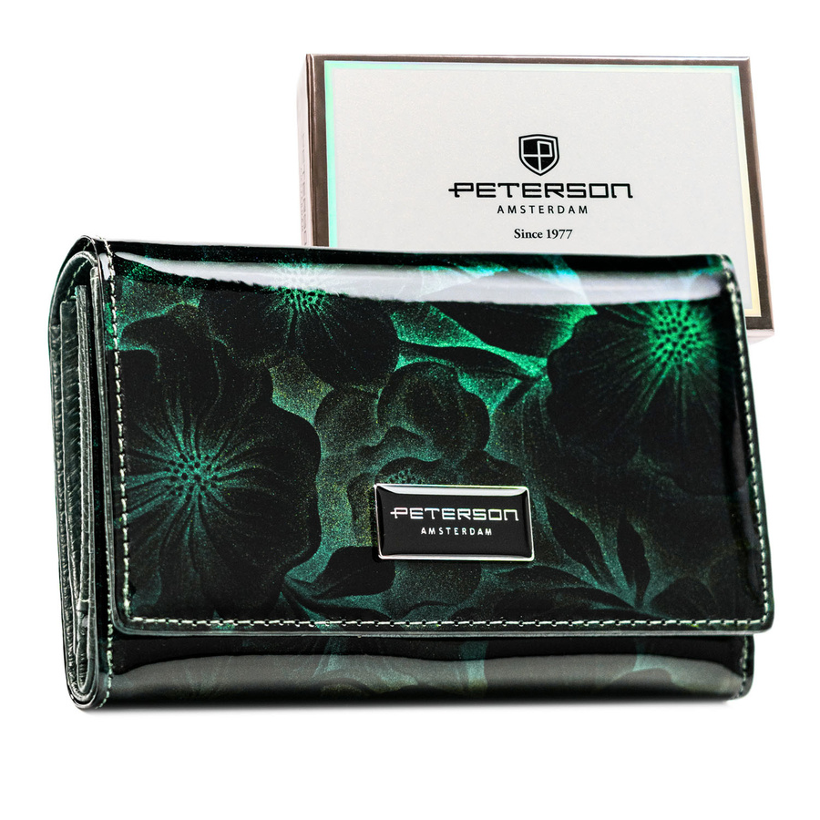 Lackierte grüne Damen Geldbörse mit Blumenmotiv aus echtem und Öko-Leder – Peterson
