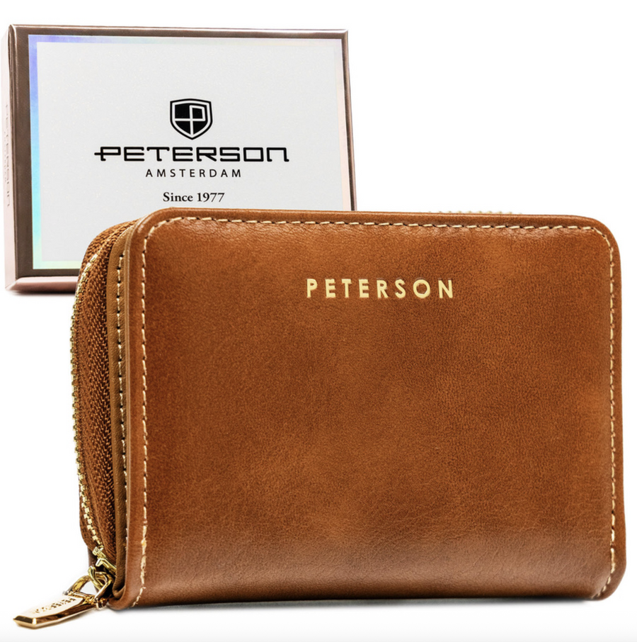 Braune Damen Geldbörse aus Öko-Leder mit Reißverschluss und Druckknopf – Peterson