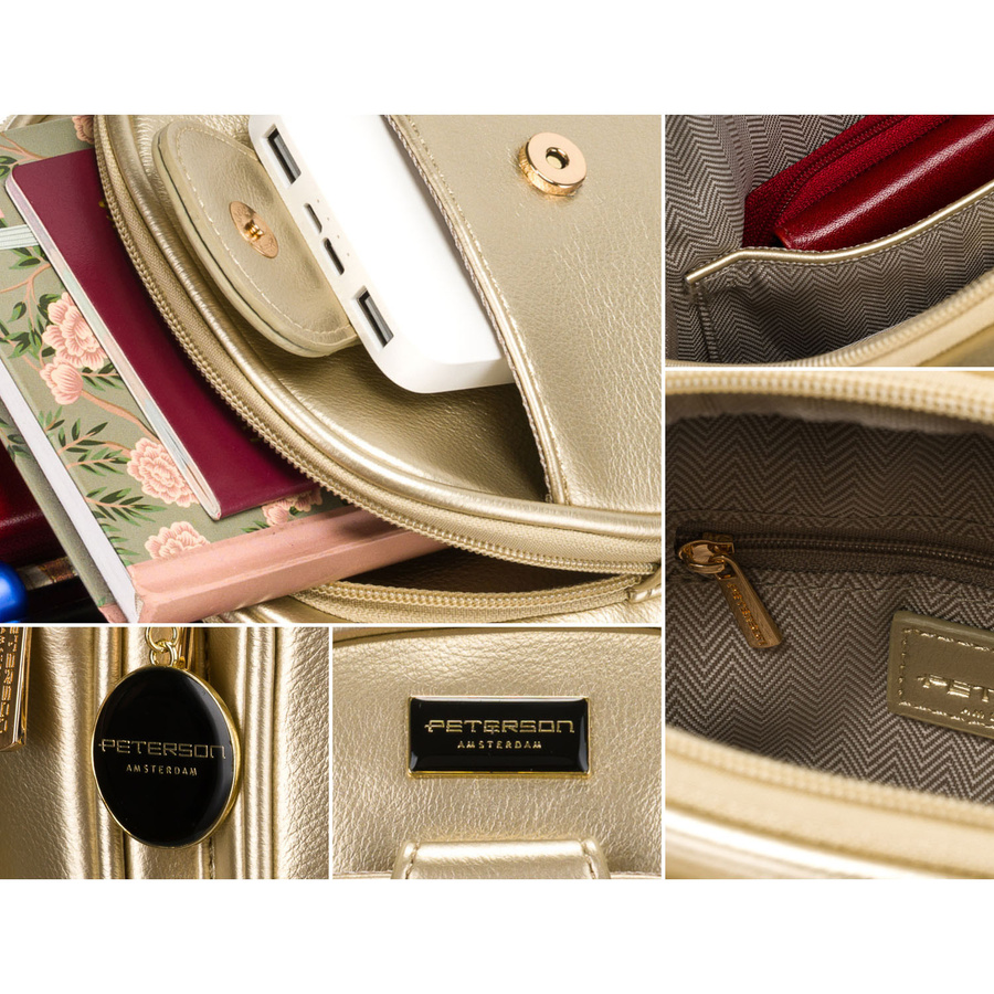 Goldene glänzende Damen Gürteltasche aus Öko-Leder, Ein-Schulter-Rucksack – Peterson – Bild 8