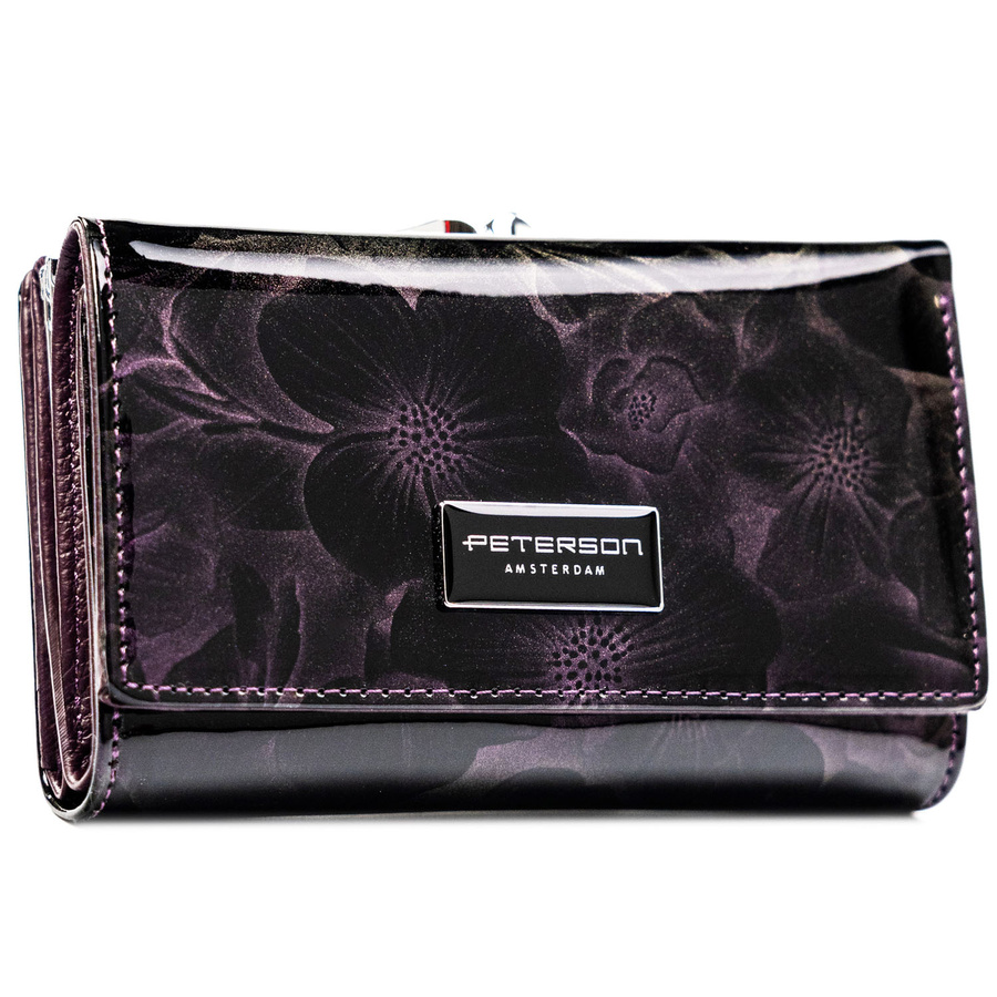 Modisches violettes Damen Portemonnaie mit Blumenmuster, Druckknopf und Bügelverschluss, lackiertes Kunst- und Echtleder, RFID STOP – Peterson
