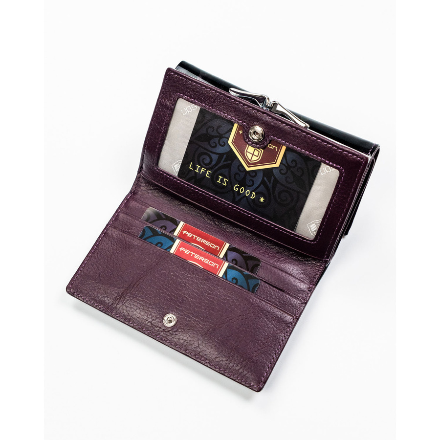 Modisches violettes Damen Portemonnaie mit Blumenmuster, Druckknopf und Bügelverschluss, lackiertes Kunst- und Echtleder, RFID STOP – Peterson – Bild 8