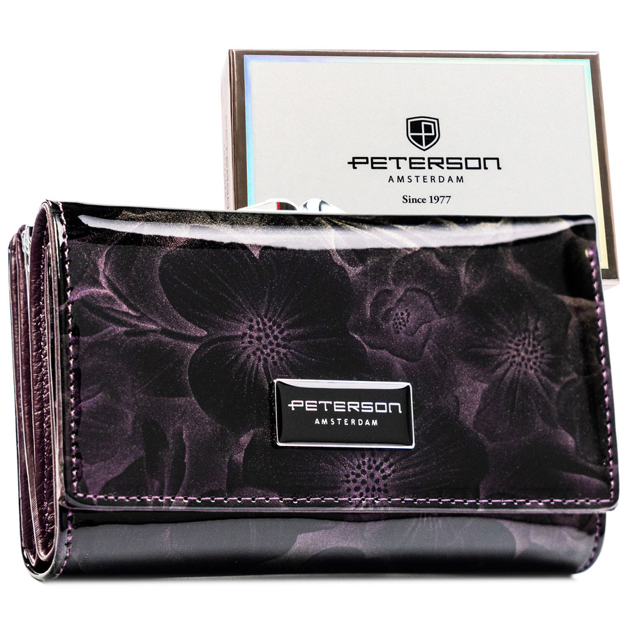 Modisches violettes Damen Portemonnaie mit Blumenmuster, Druckknopf und Bügelverschluss, lackiertes Kunst- und Echtleder, RFID STOP – Peterson – Bild 2