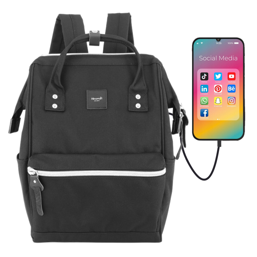 Schwarzer, praktischer und geräumiger Laptop Rucksack mit USB-Anschluss – Himawari