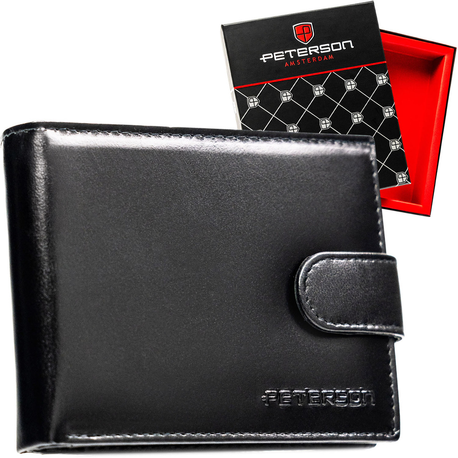 Elegante, schwarze Herren Geldbörse aus Leder mit Druckknopfverschluss – Peterson – Bild 2