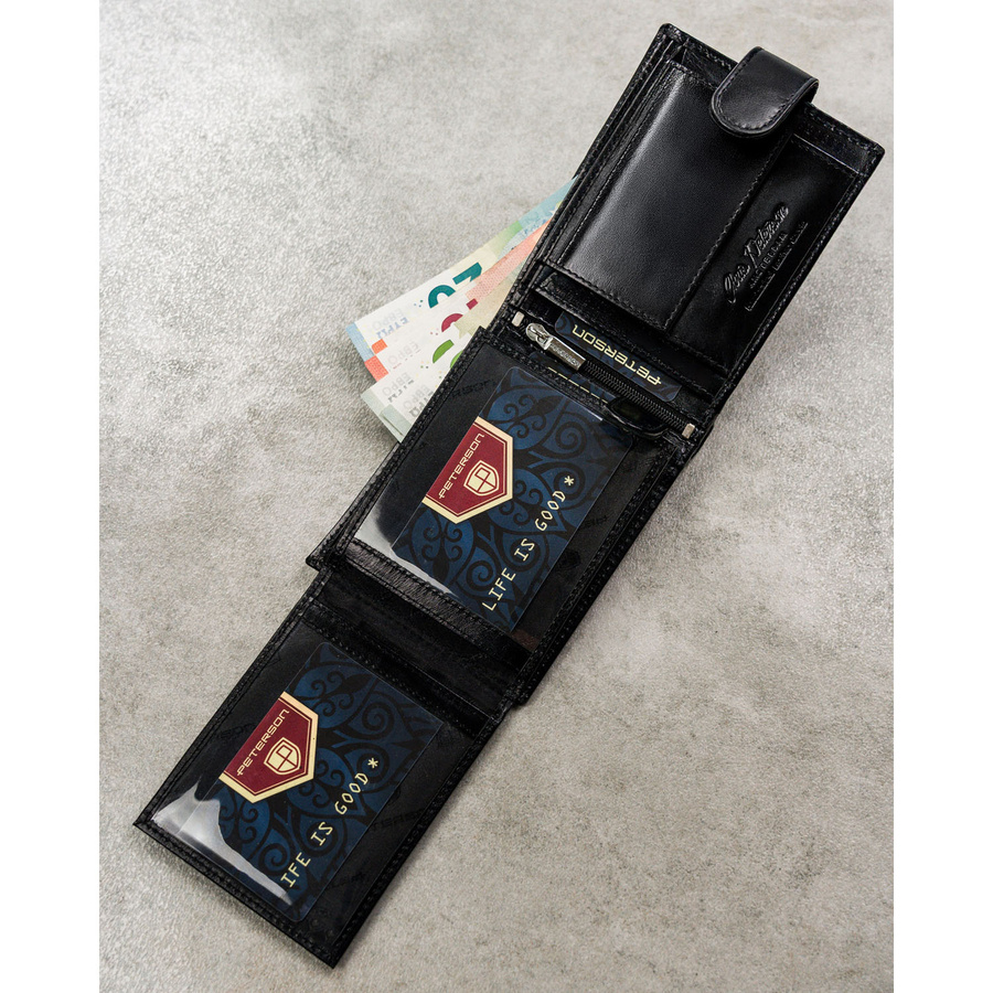 Elegante, schwarze Herren Geldbörse aus Leder mit Druckknopfverschluss – Peterson – Bild 9