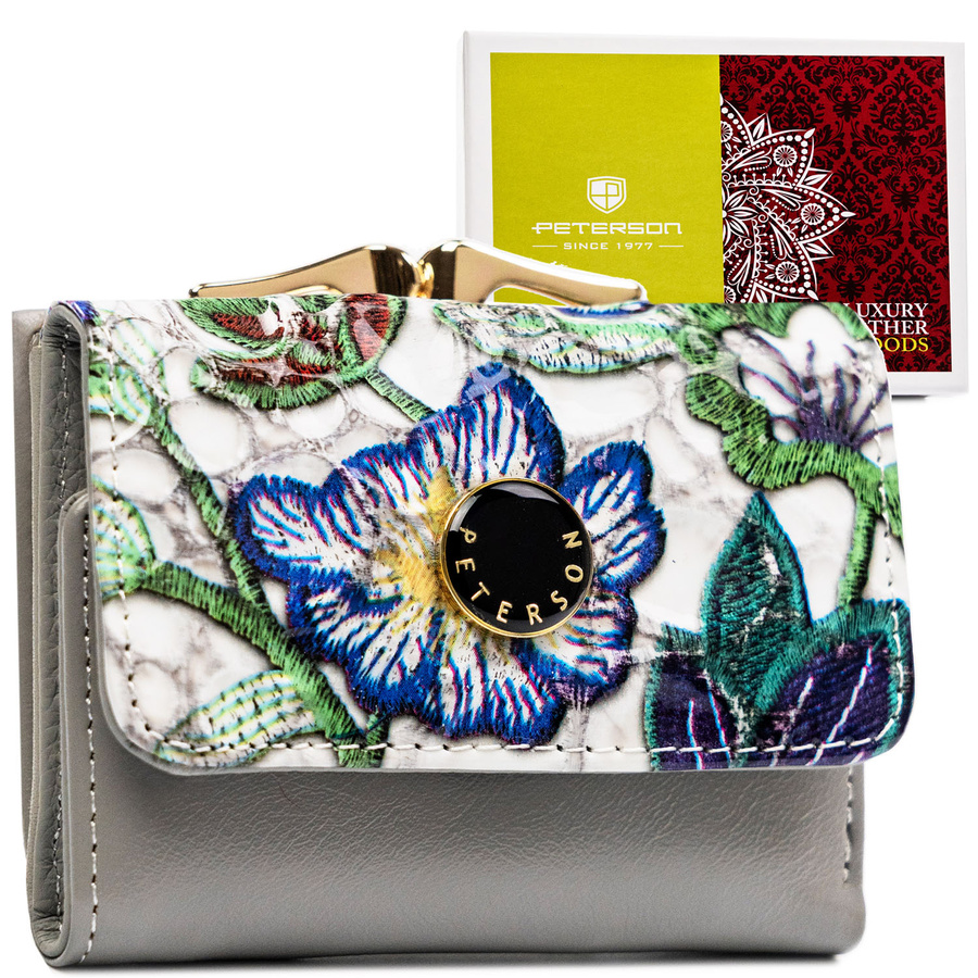 Mehrfarbige Damen Minigeldbörse aus Leder mit Blumenmuster, Bügel- und Druckknopfverschluss – Peterson