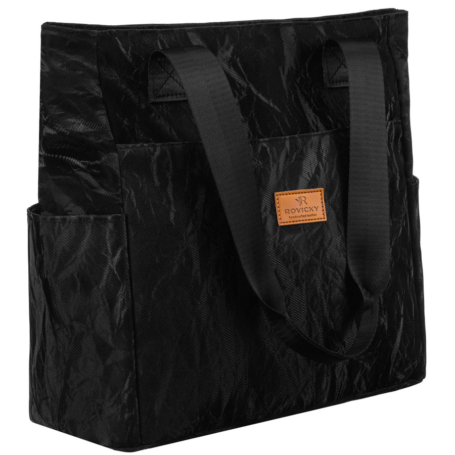 Schwarze, große Damen-Handtasche aus Polyester mit Marmormuster, mit Reißverschluss - Rovicky