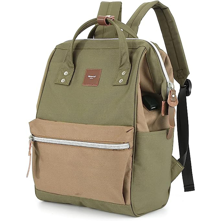 Grün-brauner, wasserdichter Laptop-Rucksack mit USB-Anschluss – Himawari