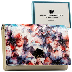 Damen-Geldbörse mit Blumenmuster aus Natur- und Öko-Leder, mit Druckknopfverschluss – Peterson