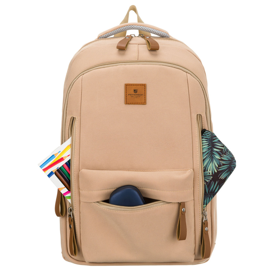 Beiger Schulrucksack aus Polyester mit Laptopfach, mit Reißverschluss geschlossen – Peterson – Bild 4