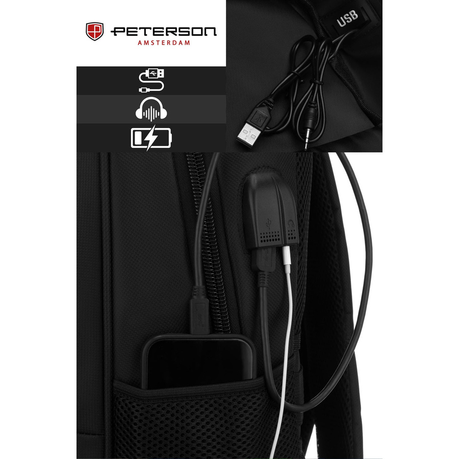 Schulrucksack aus Polyester in Schwarz mit USB-Anschluss – Peterson – Bild 12