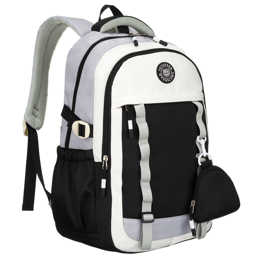 Schwarz-weißer Schulrucksack aus Polyester mit einer praktischen zusätzlichen Tasche – Peterson
