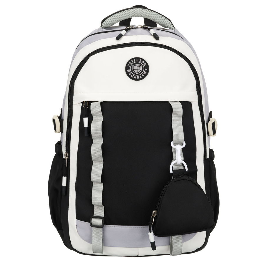 Schwarz-weißer Schulrucksack aus Polyester mit einer praktischen zusätzlichen Tasche – Peterson – Bild 2