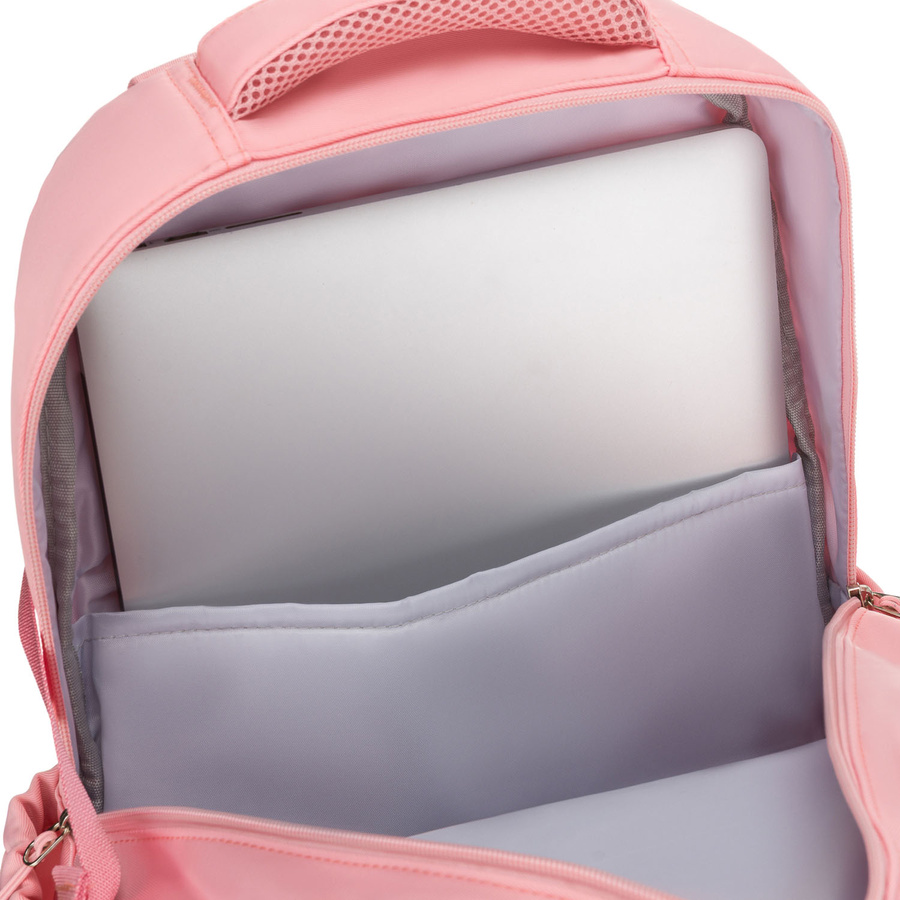 Modischer Schulrucksack aus Polyester in Rosa, an verstellbaren Trägern hängend - Peterson – Bild 12