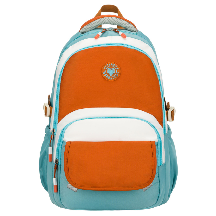 Blau-orangefarbener Schulrucksack mit Laptopfach, feuchtigkeitsbeständig – Peterson