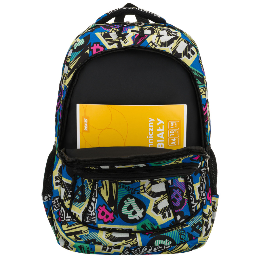 Jugendrucksack für die Schule, aus Polyester mit einem Graffiti-Muster genäht, an verstellbaren Trägern aufgehängt - Peterson – Bild 6