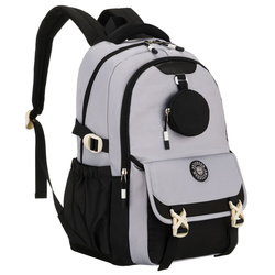 Grau-schwarzer Schulrucksack aus Polyester mit zusätzlicher Tasche – Peterson