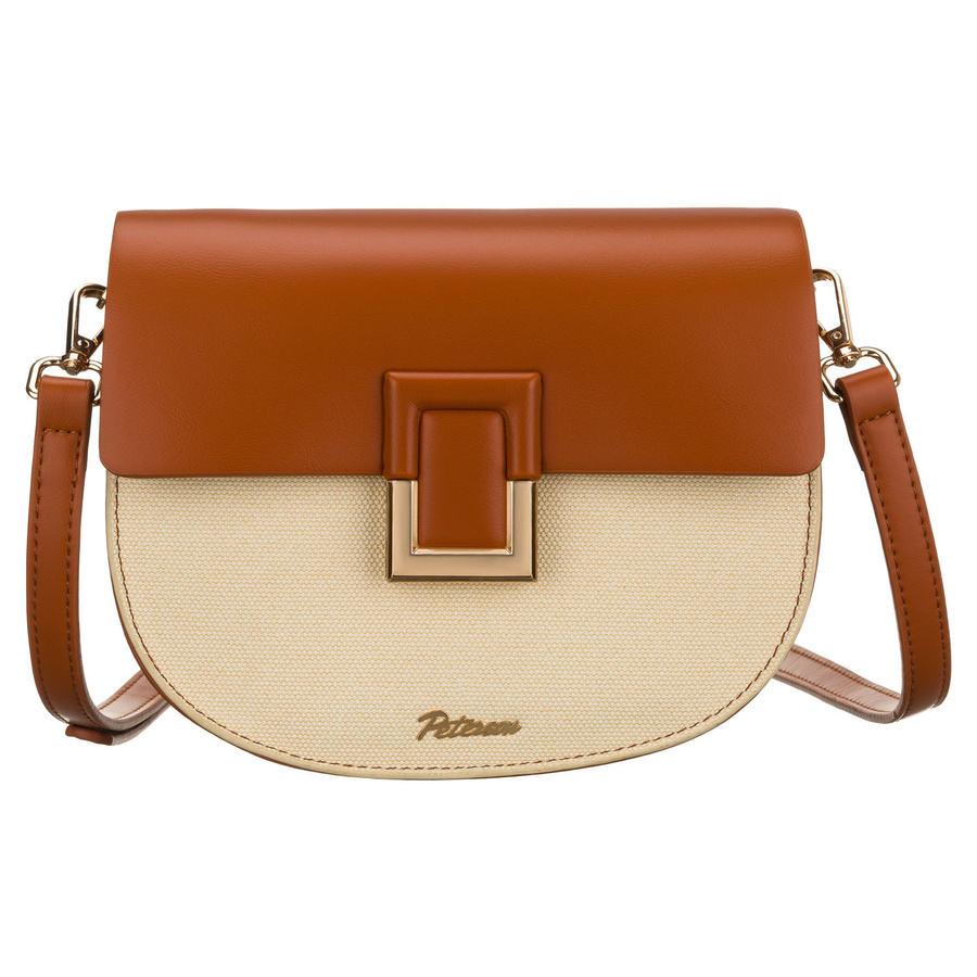 Kleine Damenhandtasche in Hufeisenform in den Farben Ecru und Braun, mit Magnetclip verschließbar – Peterson