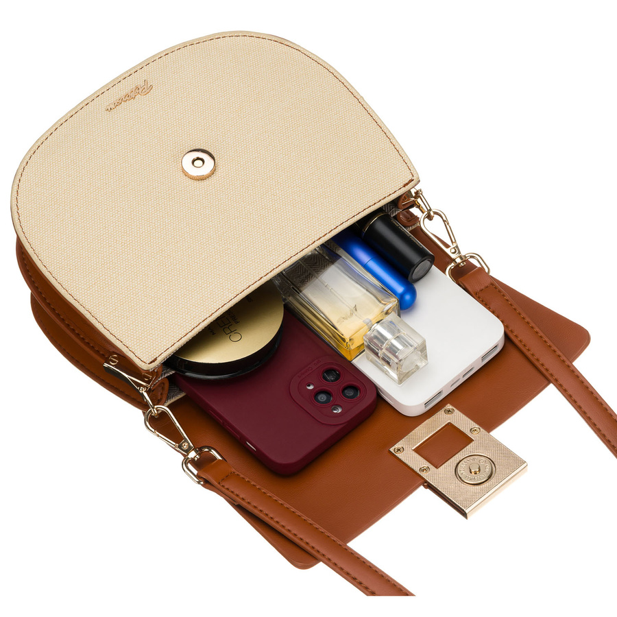 Kleine Damenhandtasche in Hufeisenform in den Farben Ecru und Braun, mit Magnetclip verschließbar – Peterson – Bild 8