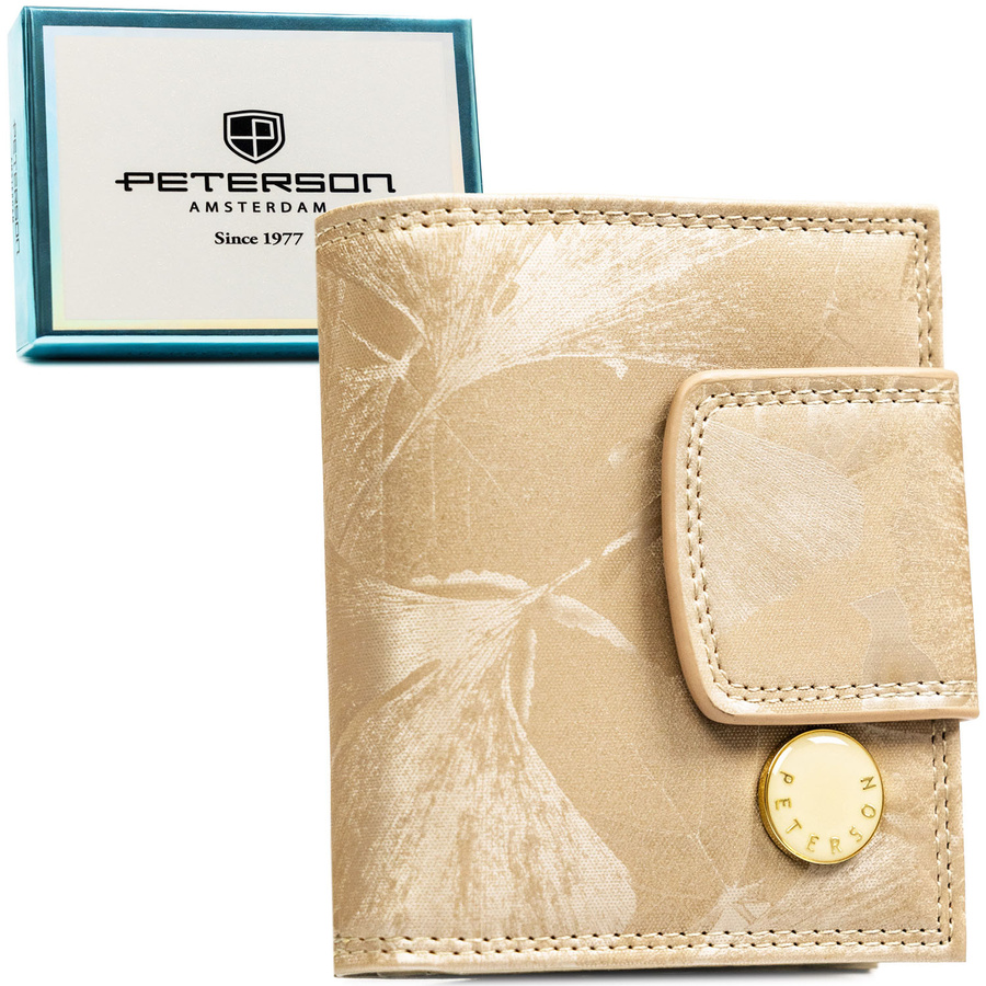 Kleine, beige Damen-Geldbörse, mit Bügelverschluss und Druckknopf geschlossen, mit Pflanzenmuster bedeckt – Peterson