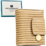 Beige Damen-Geldbörse aus Leder mit Flechtmuster, die mit einem Bügel und einem Druckknopf geschlossen wird - Peterson