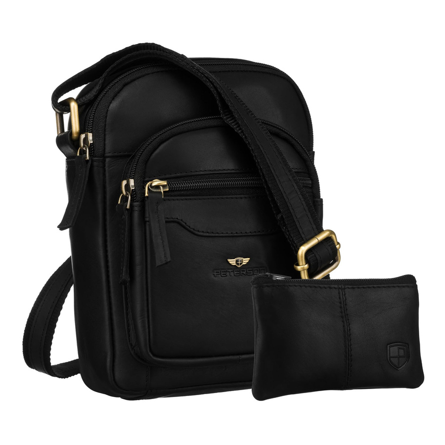 Schwarze Herren-Tasche aus Naturleder mit einer Herren-Geldbörse im Set – Peterson