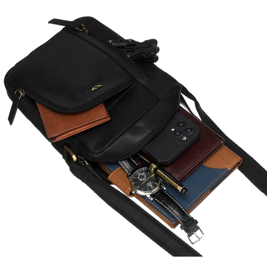 Klassische Herren-Umhängetasche aus Leder in Schwarz mit Taschen und Etui - Peterson – Bild 9