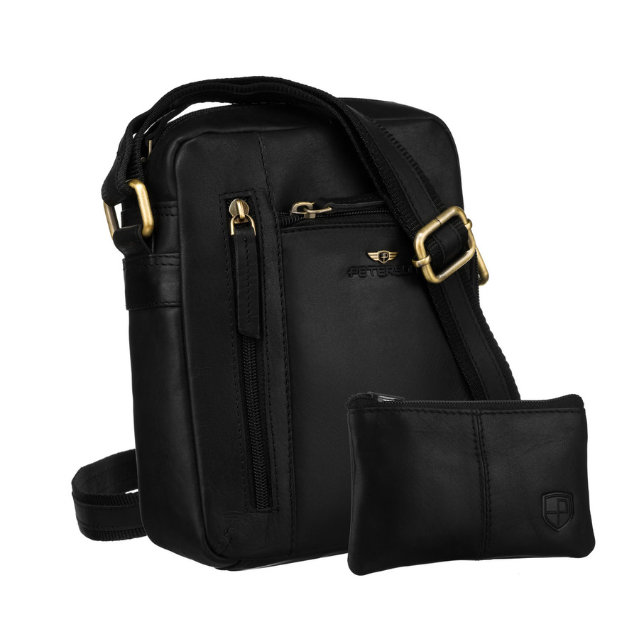 Klassische Herren-Umhängetasche aus Leder in Schwarz mit Taschen und Etui - Peterson