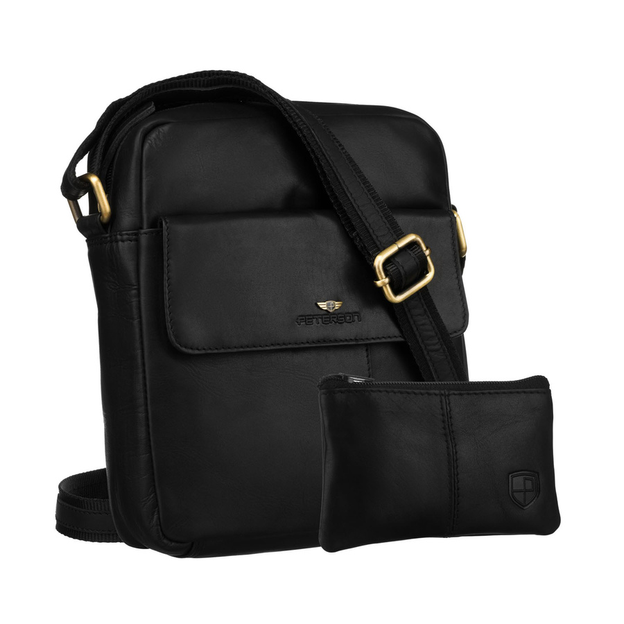 Peterson Herren-Umhängetasche aus Leder, schwarz, für die Arbeit mit einer Tasche im Set