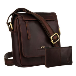 Braune Herren-Umhängetasche aus Leder mit Klappe und Etui im Set – Peterson