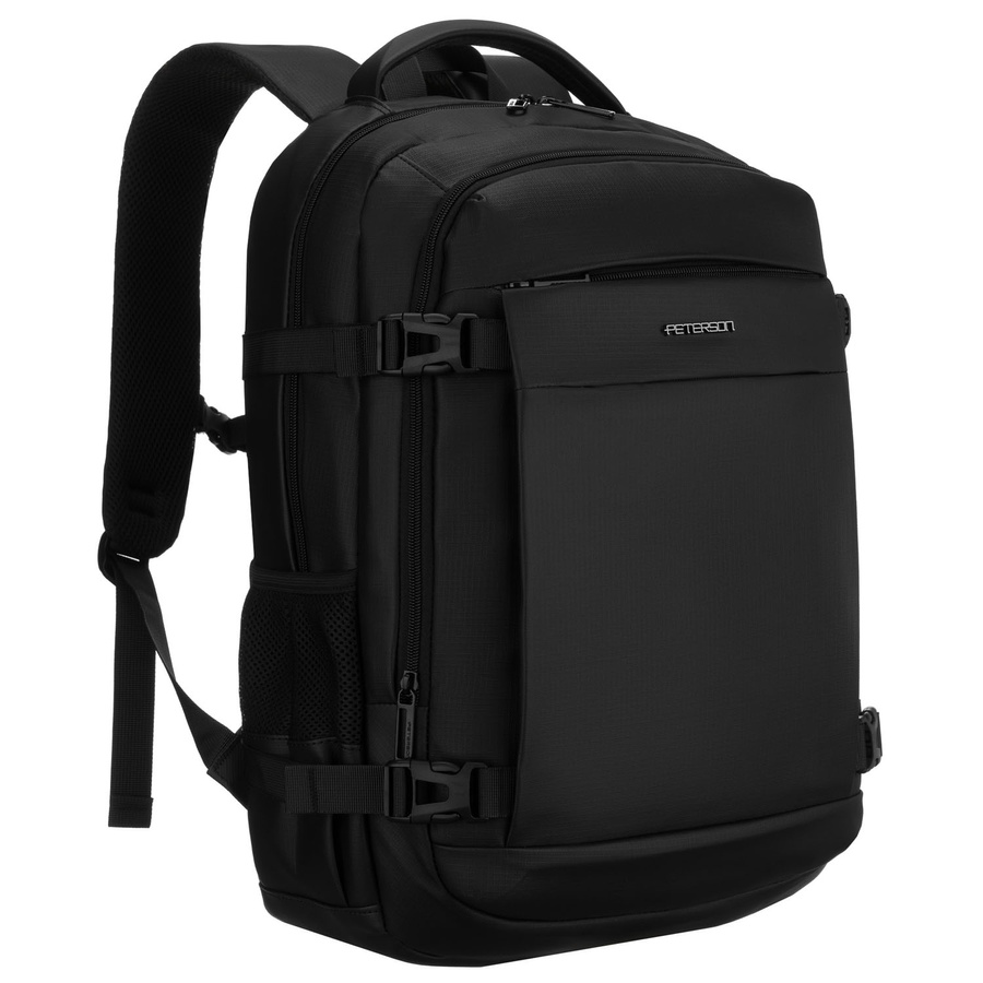 Großer Reise-Rucksack in Schwarz mit Laptopfach, mit Reißverschluss geschlossen - Peterson – Bild 2