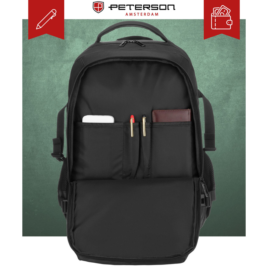 Großer Reise-Rucksack in Schwarz mit Laptopfach, mit Reißverschluss geschlossen - Peterson – Bild 6