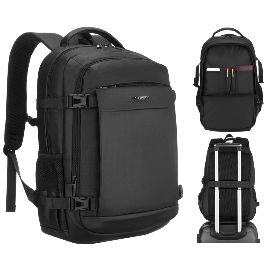 Großer Reise-Rucksack in Schwarz mit Laptopfach, mit Reißverschluss geschlossen - Peterson