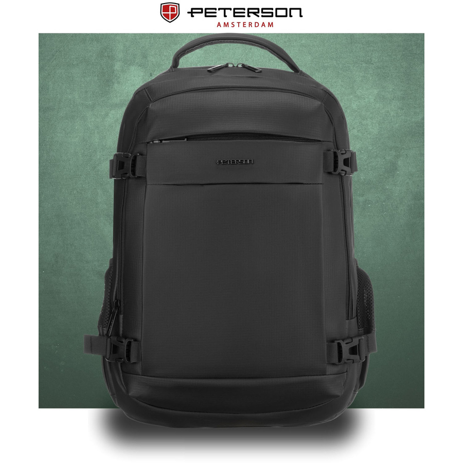 Großer Reise-Rucksack in Schwarz mit Laptopfach, mit Reißverschluss geschlossen - Peterson – Bild 5