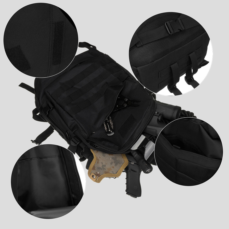 Peterson – Schwarzer Militärrucksack, dreifach unterteilt, an verstellbaren Trägern aufgehängt – Bild 13