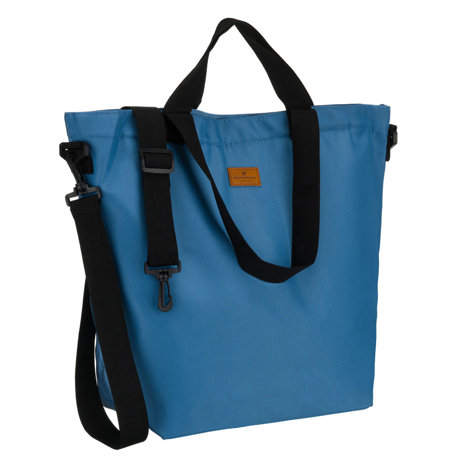 Blaue Damen-Shopper-Tasche aus Polyester, an Henkeln und einem abnehmbaren Gürtel hängend – Peterson