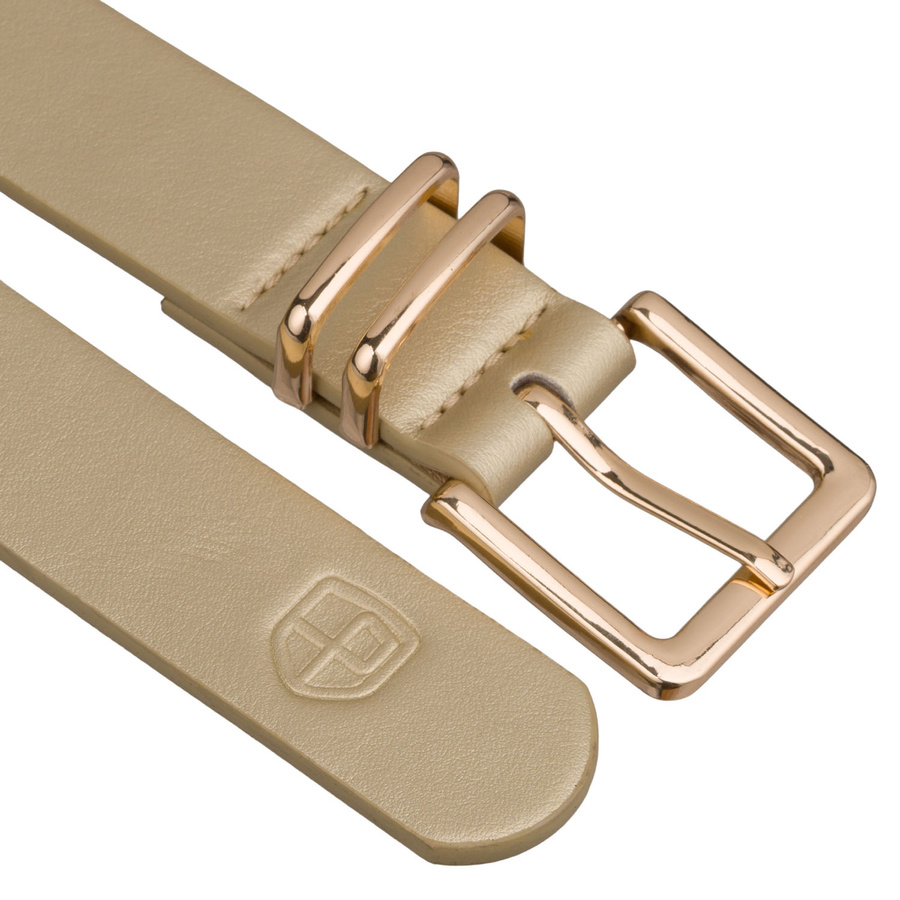 Beiger, schmaler Damen-Gürtel aus Öko-Leder mit goldener Schnalle - Peterson – Bild 3