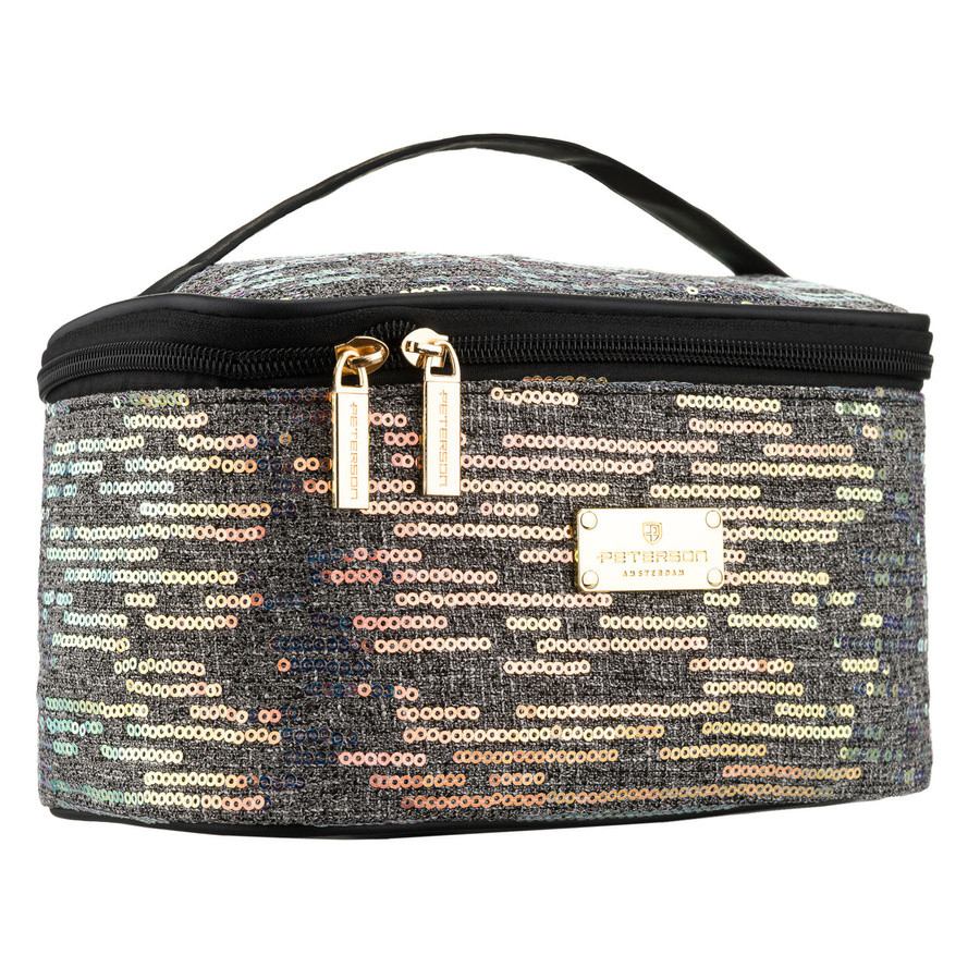 Peterson – Schwarze, reisefertige Kosmetiktasche aus synthetischem Stoff, verziert mit Pailletten