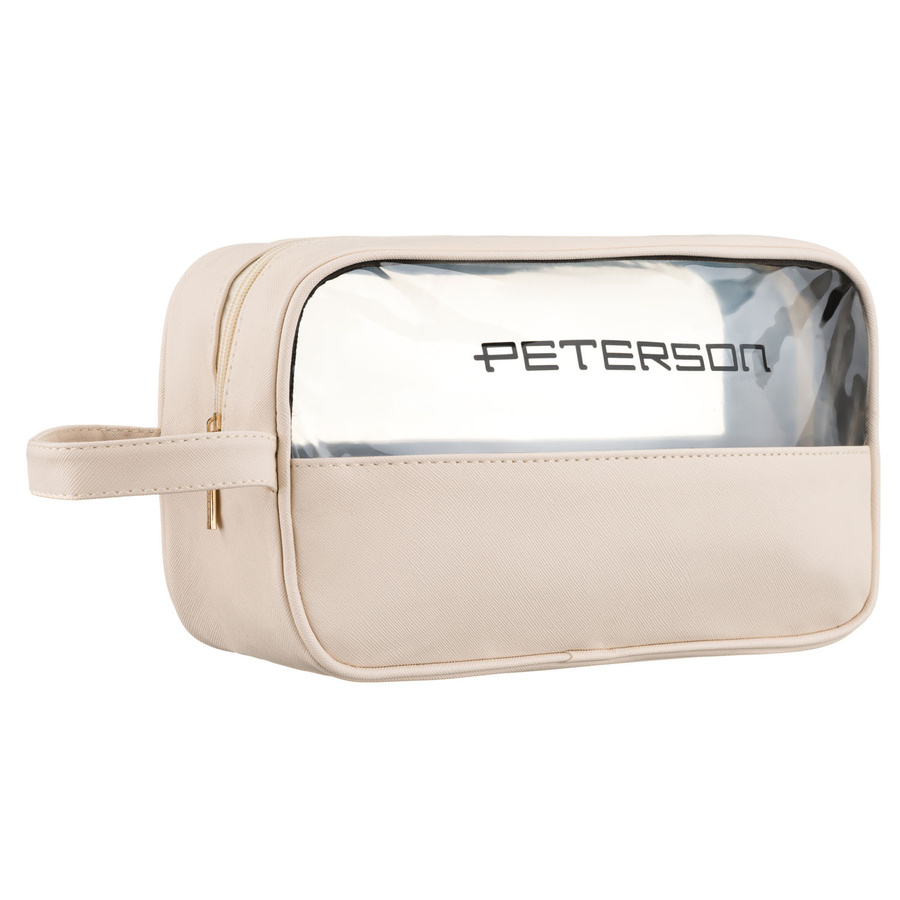 Kosmetiktasche aus Synthetikstoff in Beige mit transparentem Panel – Peterson