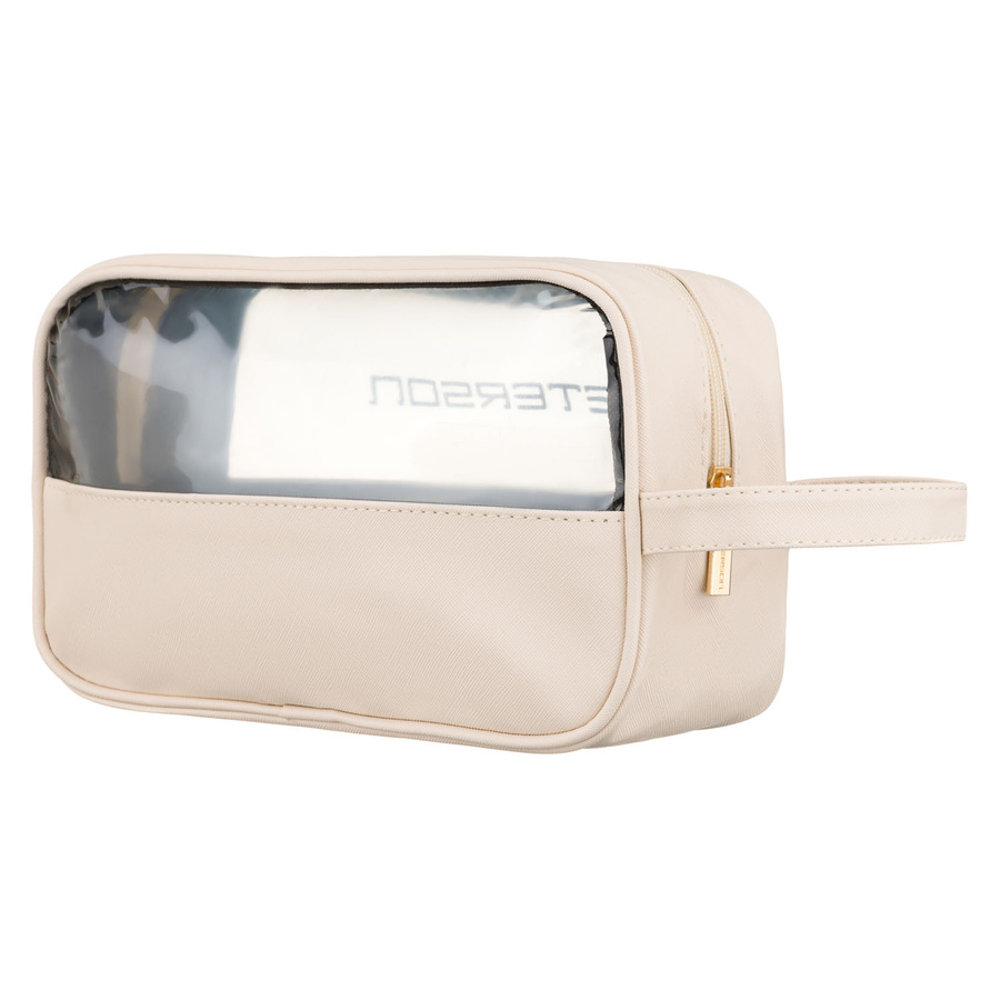 Kosmetiktasche aus Synthetikstoff in Beige mit transparentem Panel – Peterson – Bild 3