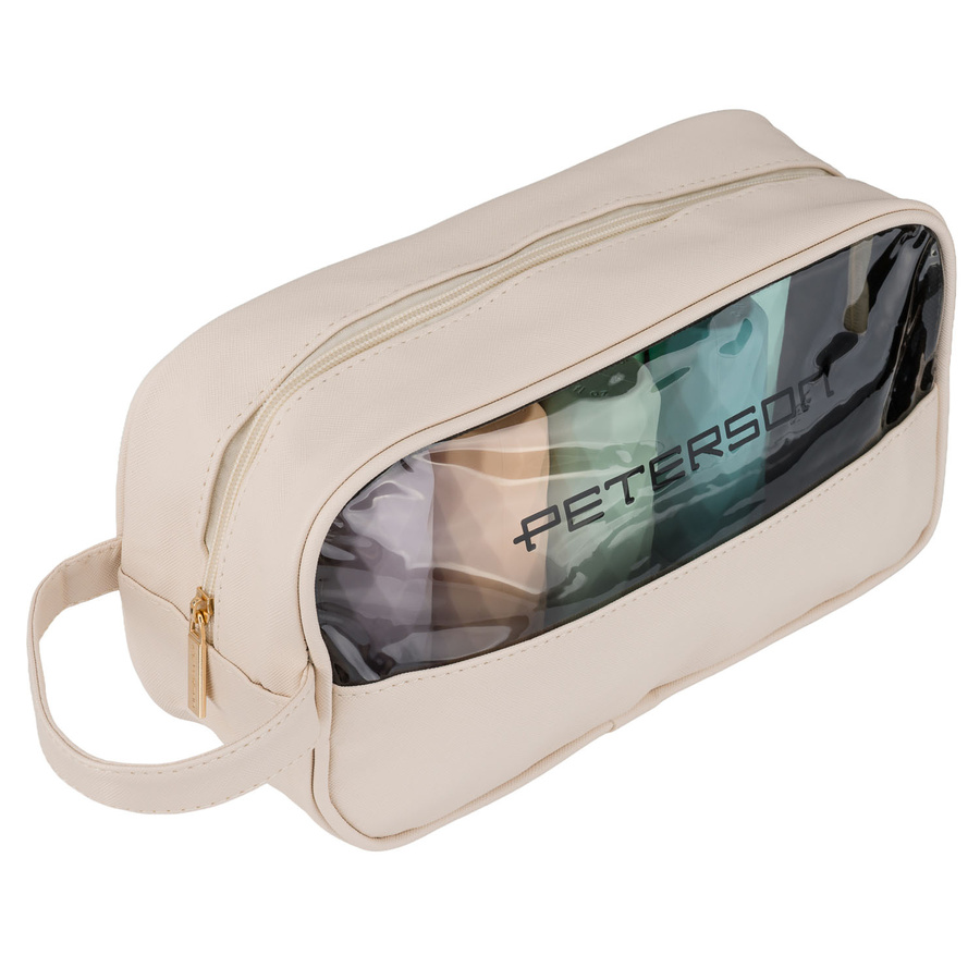 Kosmetiktasche aus Synthetikstoff in Beige mit transparentem Panel – Peterson – Bild 4