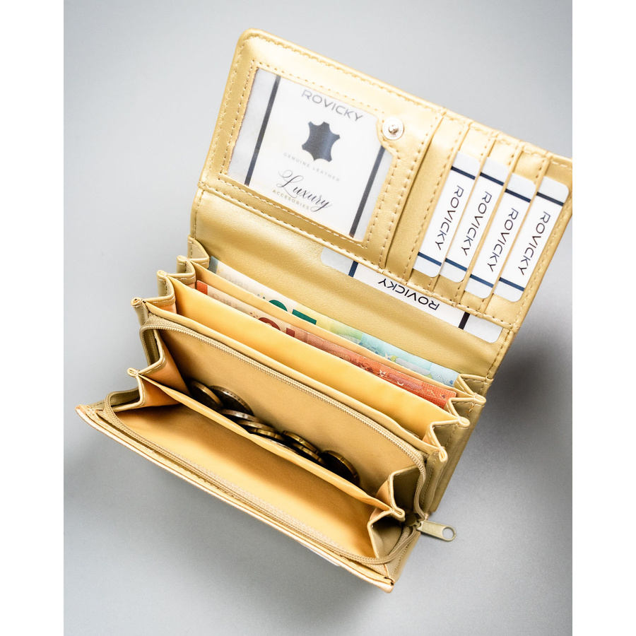 Große Damen-Geldbörse aus Öko-Leder in Goldfarbe, mit Druckknopfverschluss – 4U Cavaldi – Bild 7