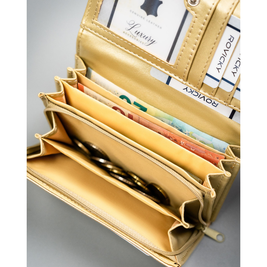 Große Damen-Geldbörse aus Öko-Leder in Goldfarbe, mit Druckknopfverschluss – 4U Cavaldi – Bild 8