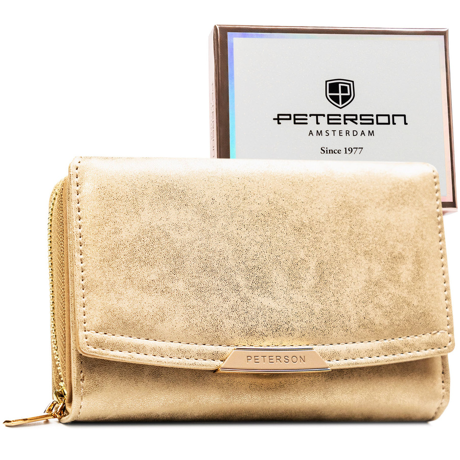 Beige Damen-Geldbörse aus Öko-Leder mit Druckknopf- und Reißverschluss – Peterson