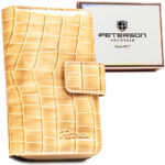 Beige Damen-Geldbörse aus Öko-Leder mit Krokodilhaut-Prägung, mit Druckknopf und Reißverschluss verschließbar - Peterson