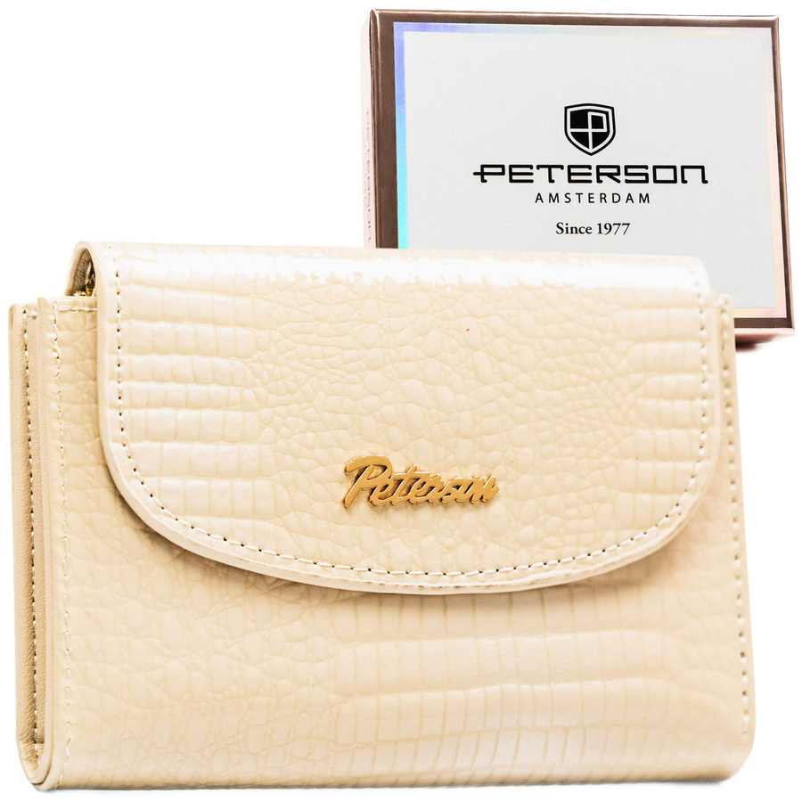 Horizontale, beige Damen-Geldbörse aus Öko-Leder mit Krokodil-Prägung – Peterson