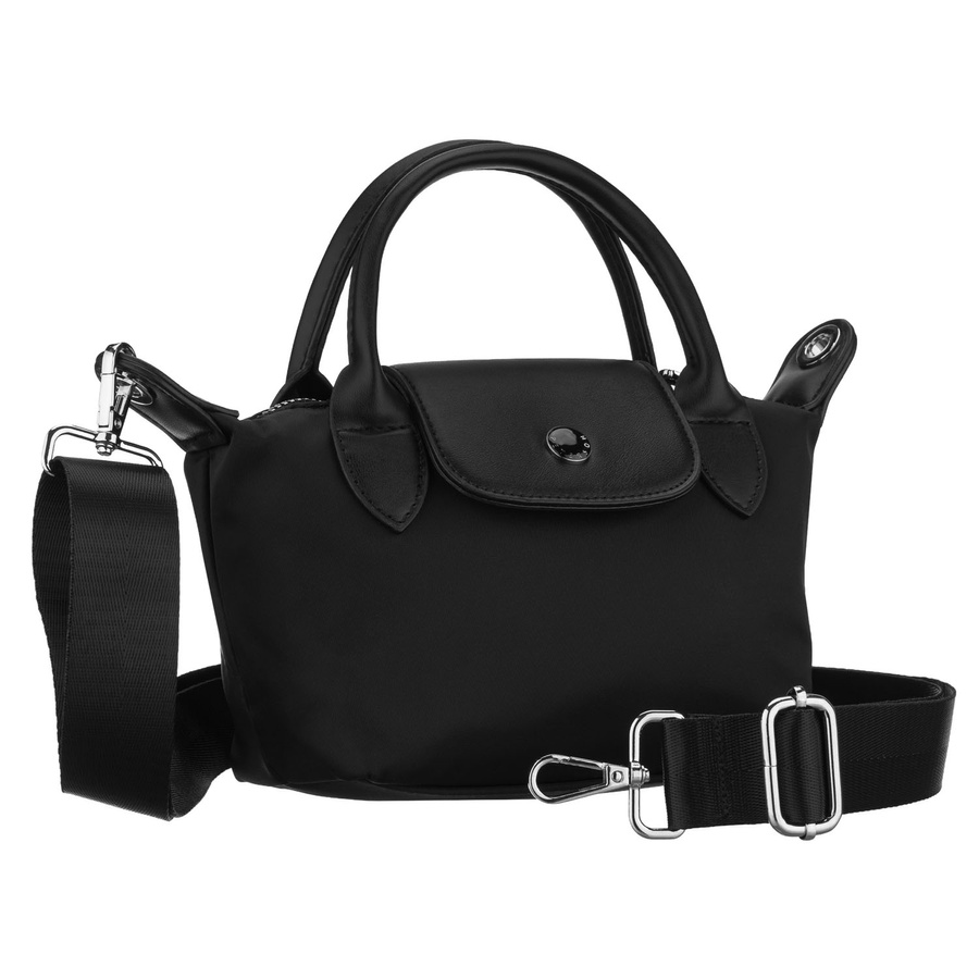 Schwarze Damen-Umhängetasche aus Polyester, aufgehängt an einem breiten Gürtel und handlichen Griffen - Peterson